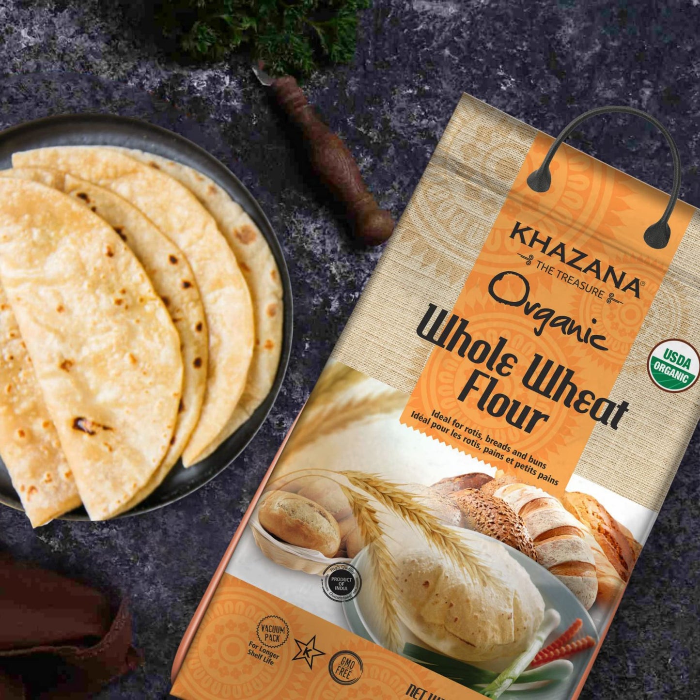 Khazana ORGANIC Whole Wheat Flour 20lb | Non-GMO & Kosher | Ideal For Baking Rolls, Breads, and Buns