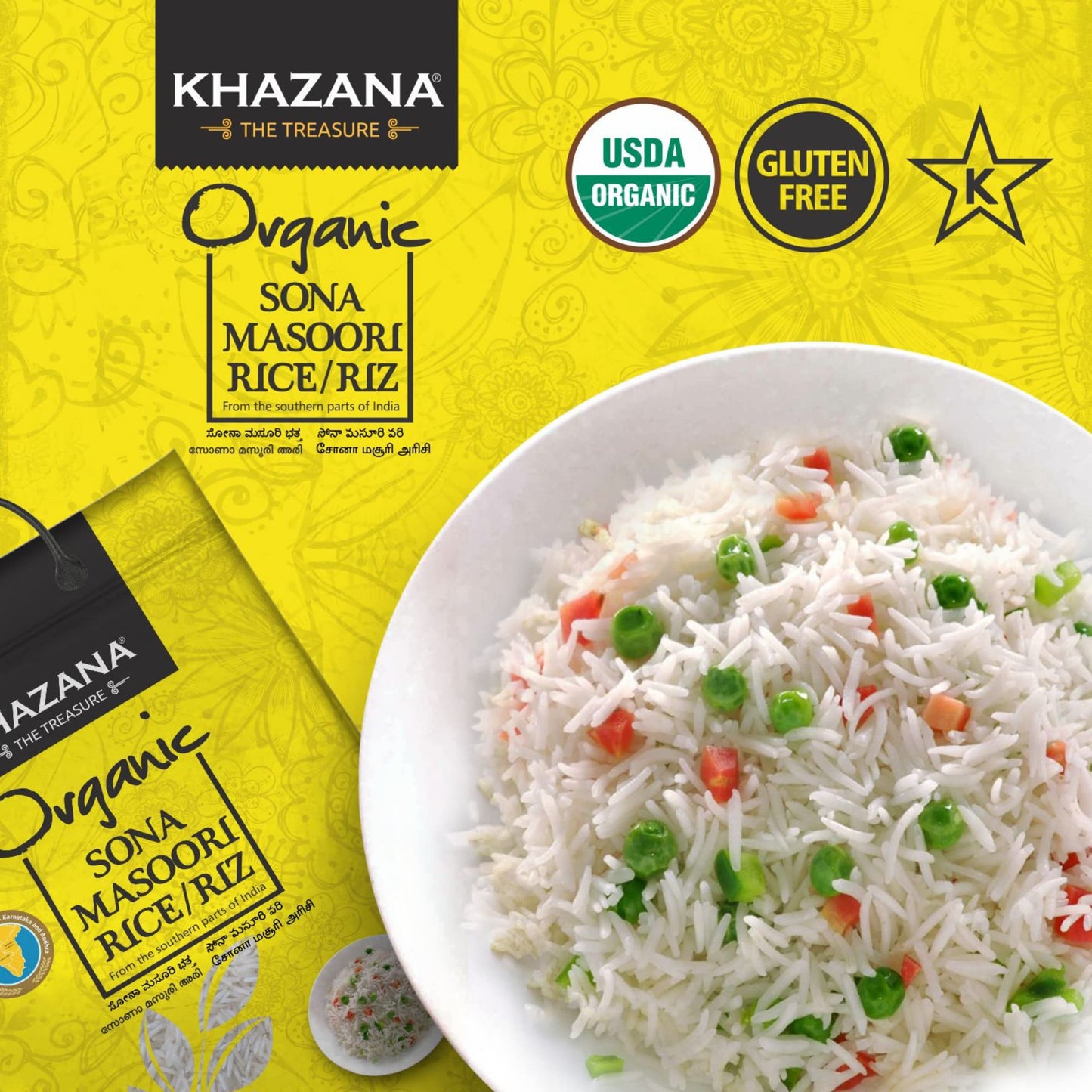 Khazana ORGANIC Sona Masoori Rice 20lb | Non-GMO, Gluten-Free, Kosher, Cholesterol Free | Aged Aromatic, Flavorful, Authentic Grain From India