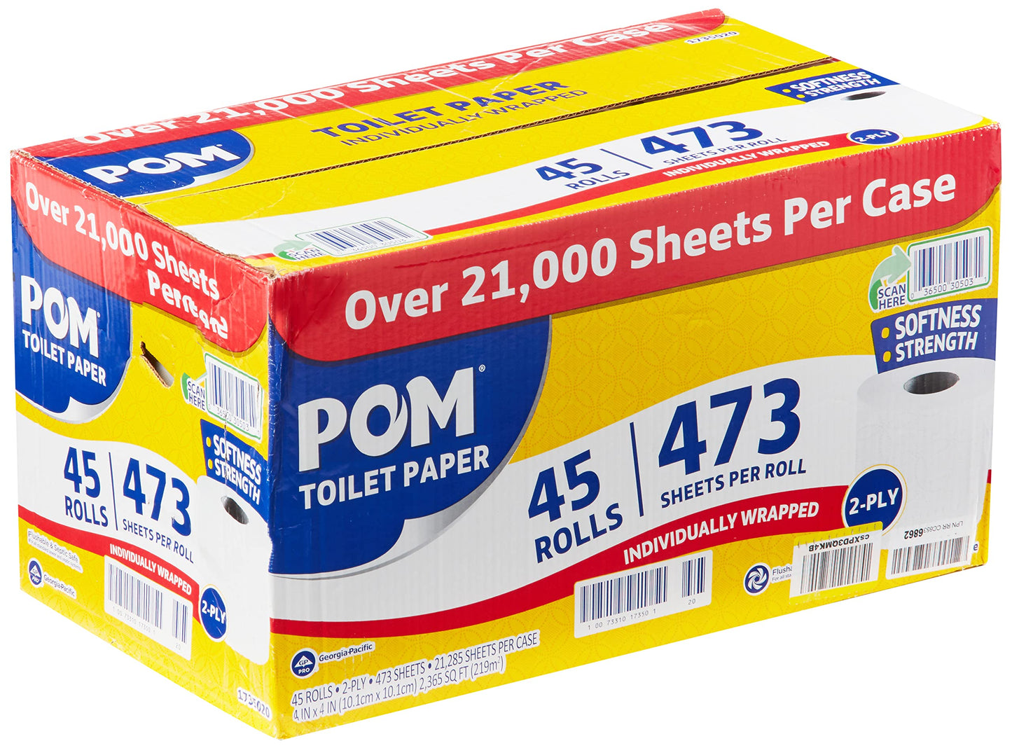 POM Pom Embossed 2-ply Toilet Paper, White, 45 Rolls, 473 Sheets
