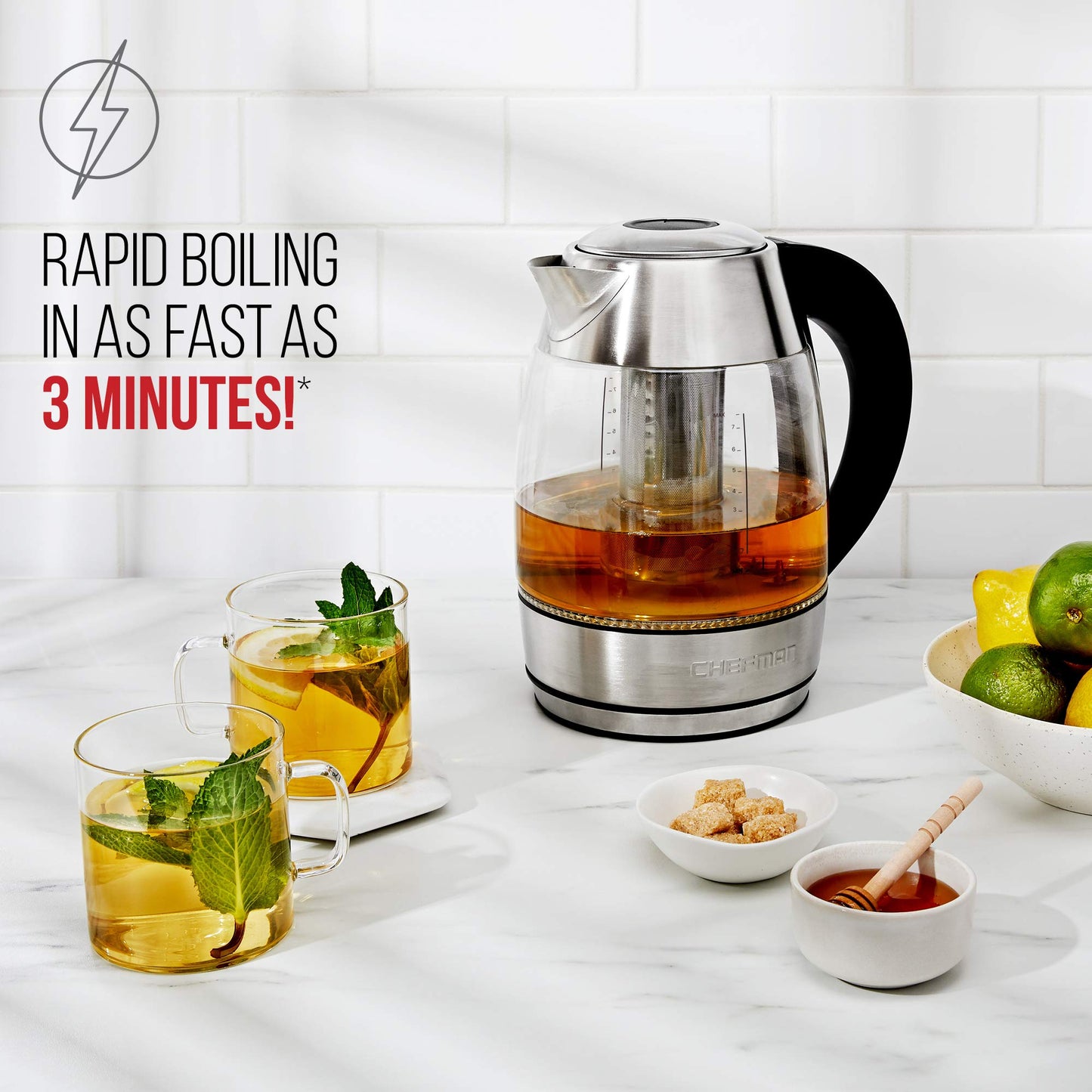 Chefman 1.8L Digital Electric Glass Kettle+ w/ Rapid-Boiling & 7 Presets for Precise Temperature, Stainless Steel Tea Infuser Included, Advanced Digital Control