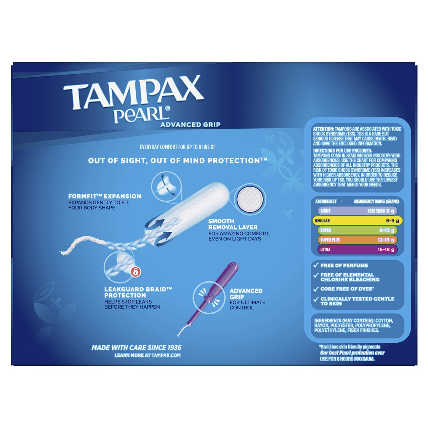 TAMPAX Pearl Advanced Grip Plastic Tampons Regular Unscented, 96 Count