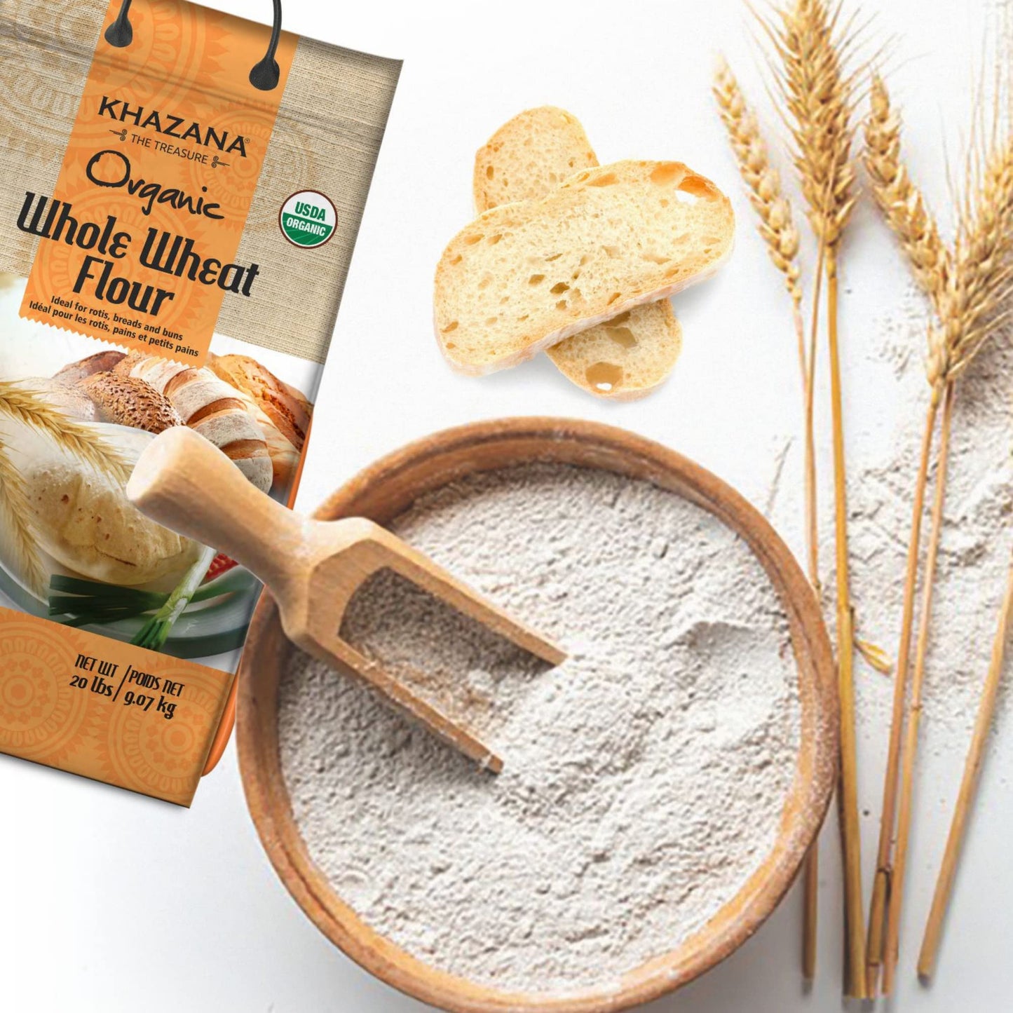 Khazana ORGANIC Whole Wheat Flour 20lb | Non-GMO & Kosher | Ideal For Baking Rolls, Breads, and Buns