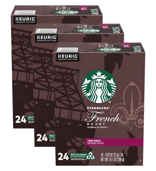 Starbucks French Roast Coffee K-Cup Pods, Dark Roast Ground Coffee K-Cups for Keurig Brewers, Intense & Smoky Flavor, 24 CT K-Cup Pods/Box (Pack of 3 Boxes)