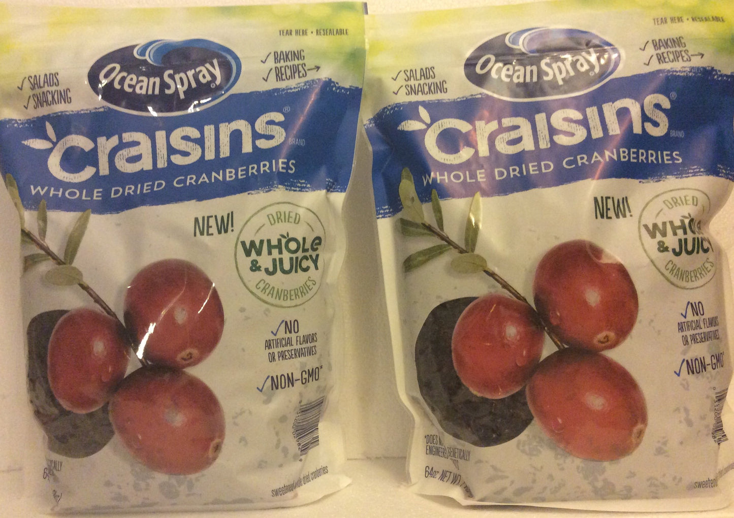Ocean Spray Craisins ( 2 PACK SUPER SAVER ) Whole & Juicy Dried Cranberries Non-GMO 64 Oz Each Releasable Bag