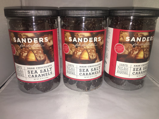 Sanders Dark Chocolate Sea Salt Caramels (3)-36 oz containers PARTY PACK SIZE 108 TOTAL OUNCES