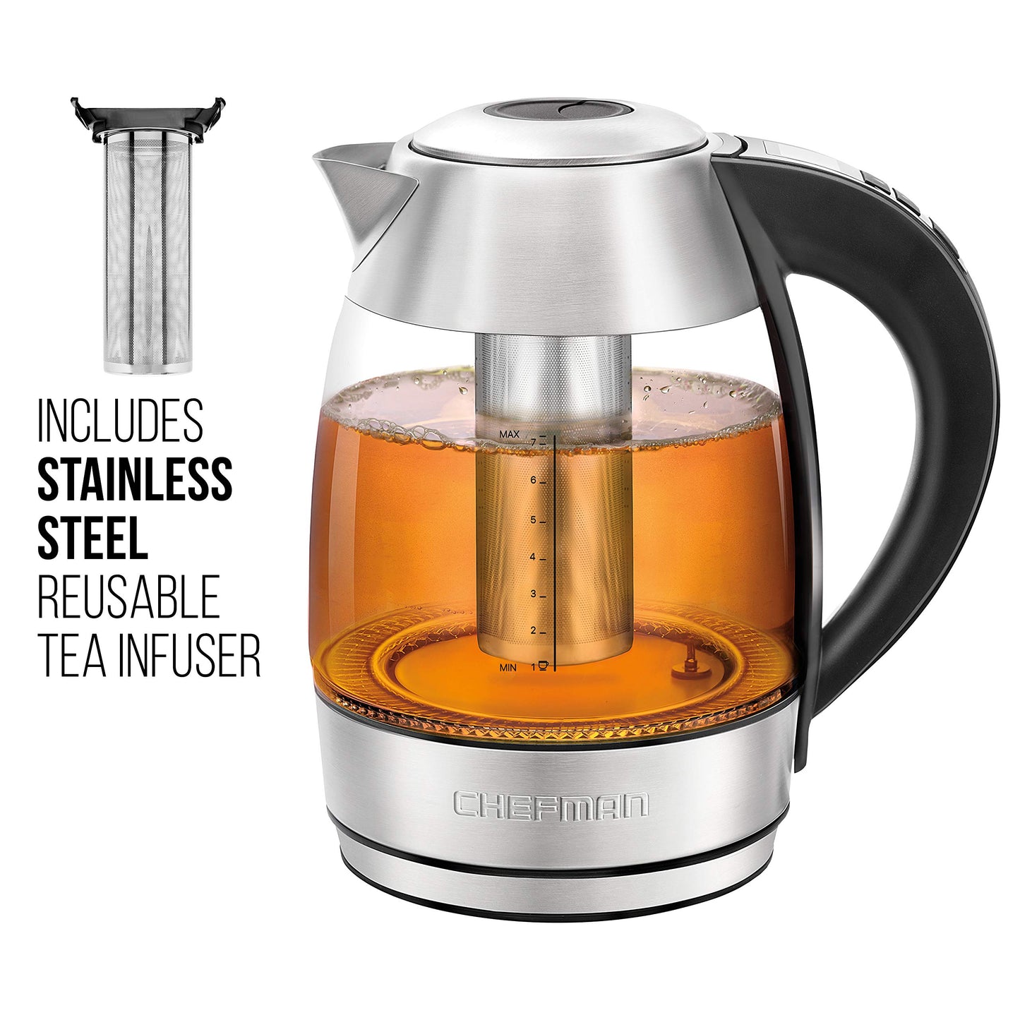 Chefman 1.8L Digital Electric Glass Kettle+ w/ Rapid-Boiling & 7 Presets for Precise Temperature, Stainless Steel Tea Infuser Included, Advanced Digital Control