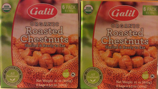 Galil Organic Whole Roasted Chestnuts Shelled, &Ready to eat 6 pack ( 2 PACK ) Total Of 12 Bags 3.5oz Each