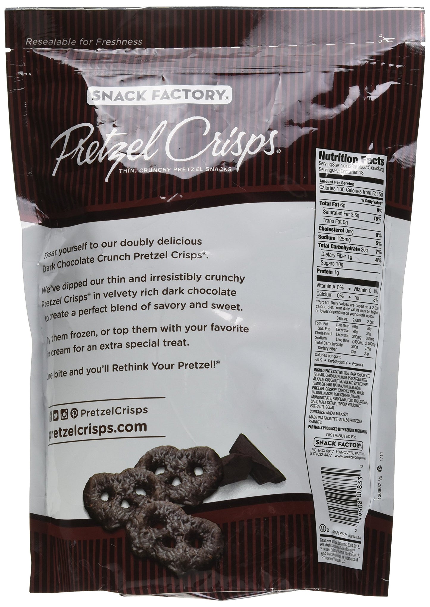 Snack Factory Pretzel Crisps Dark Chocolate Covered Pretzels, Large Bag, 18 Ounce