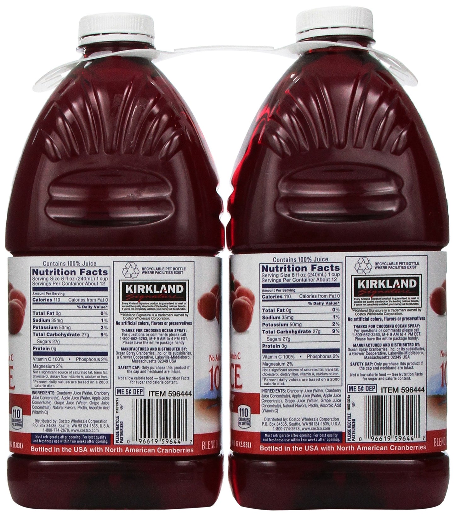 Kirkland Signature Ocean Spray Cranberry Premium Juice, 96 Fl Oz (Pack of 2)