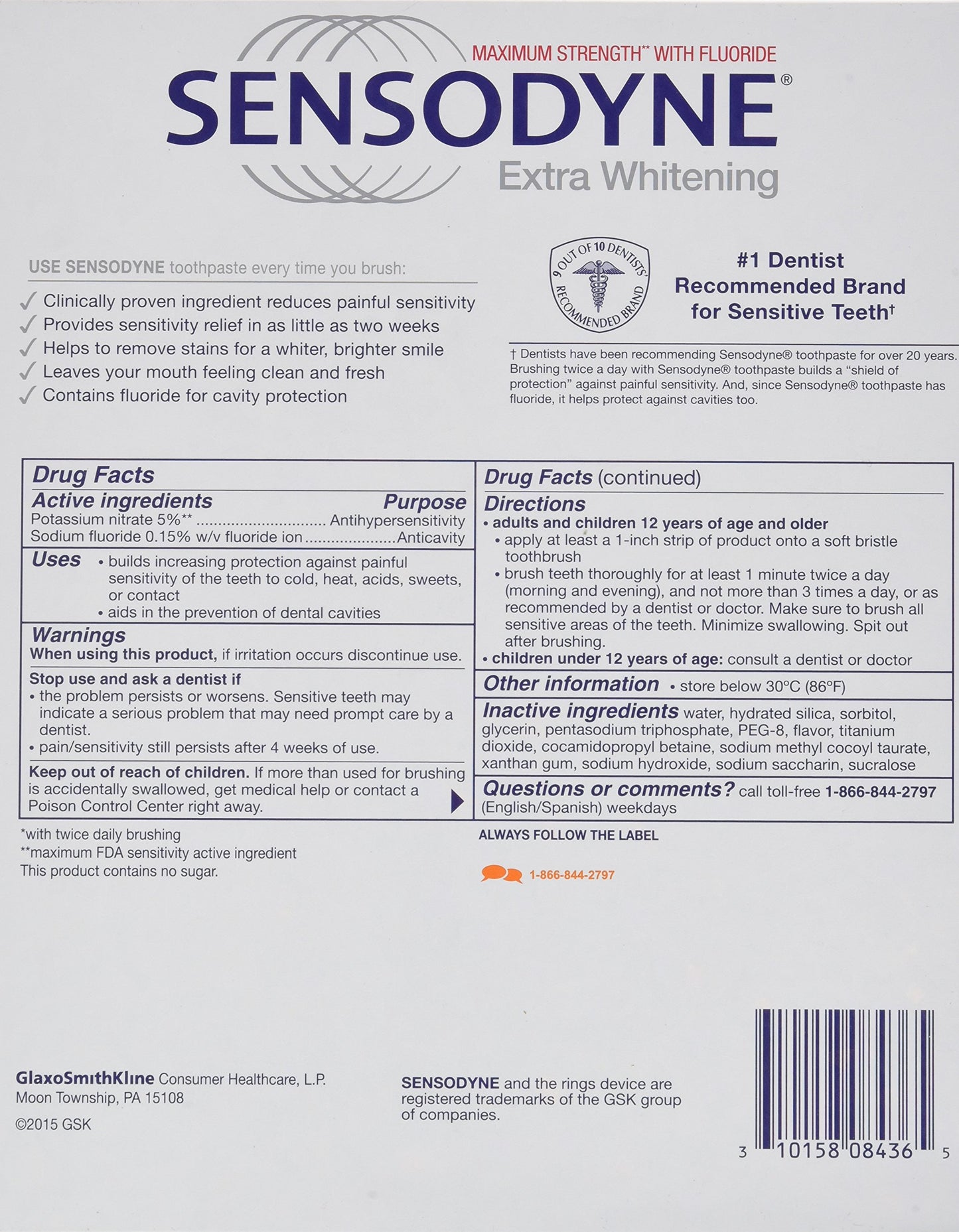 Sensodyne Extra Whitening Fluoride Toothpaste for Sensitive Teeth, 4 ct, 26 Oz