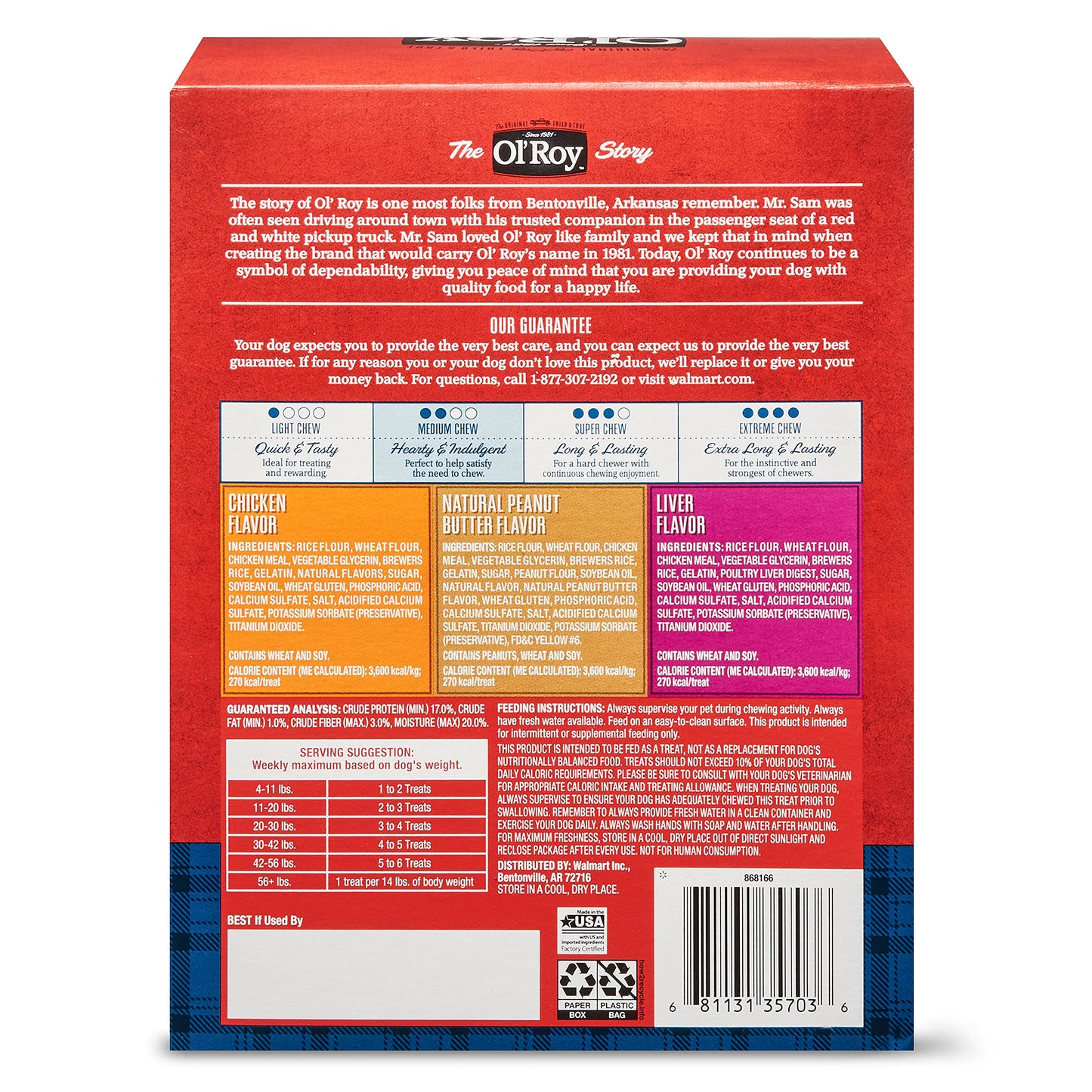 Ol' Roy Munchy Bones Dog Treats Variety Box, Chicken, Peanut Butter, Liver, 21 ct