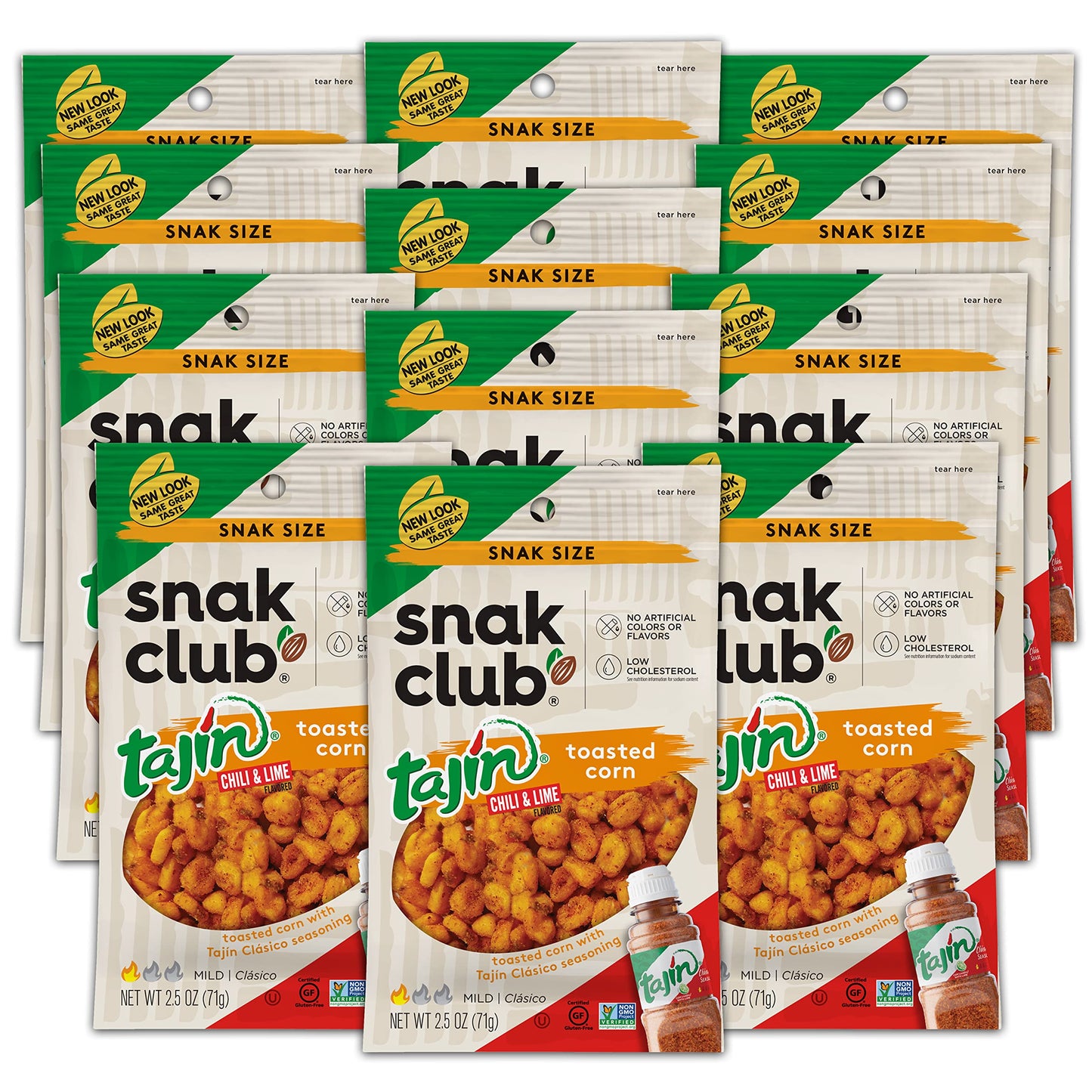 Snak Club Toasted Corn, Tajin Cl�sico Chili & Lime Flavor, Crunchy, Flavorful Low-Cholesterol Individual Snacks, 2.5oz (Pack of 12)