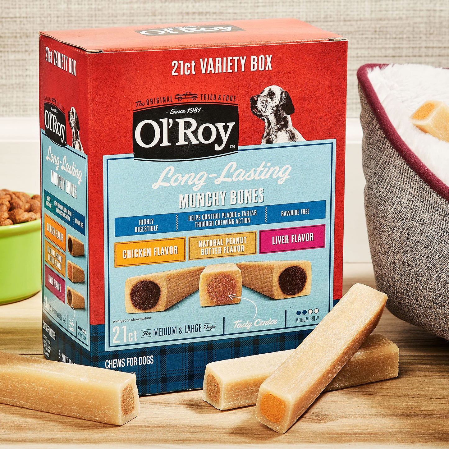 Ol' Roy Munchy Bones Dog Treats Variety Box, Chicken, Peanut Butter, Liver, 21 ct
