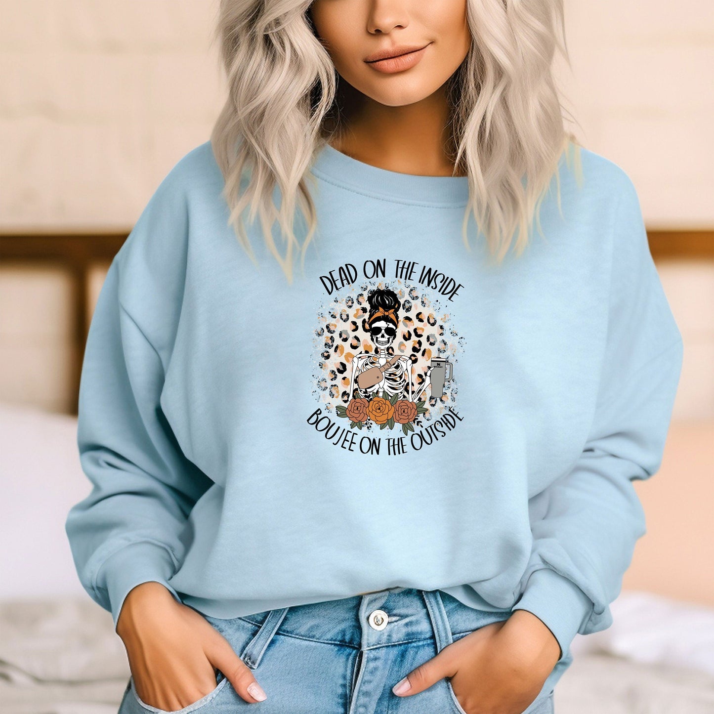 Skeleton Halloween Sweatshirt, Dead On The Inside Boujee On The Outside Shirt, Skeleton Shirt, Funny Halloween Sweatshirt