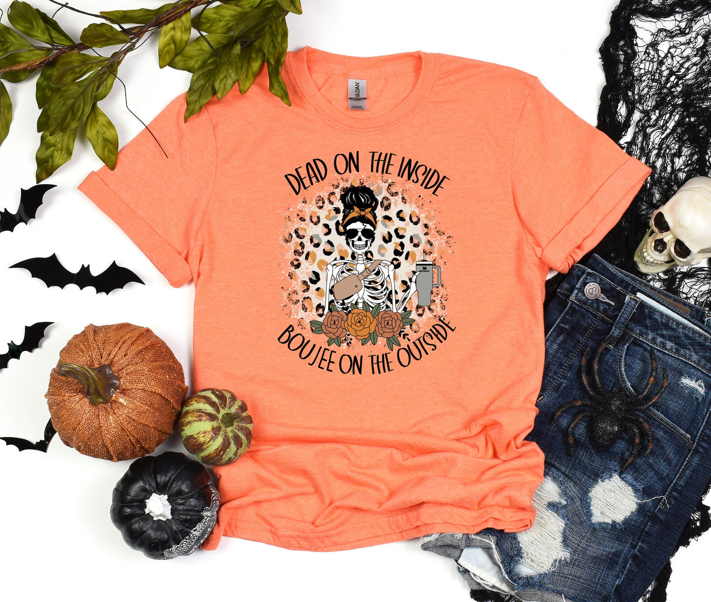 Dead Inside But Boojee Outside Shirt, Fall Bou jee Tumbler Skull shirt, Women skeleton Halloween Tee, Funny Halloween T-shirt, Custom Gift