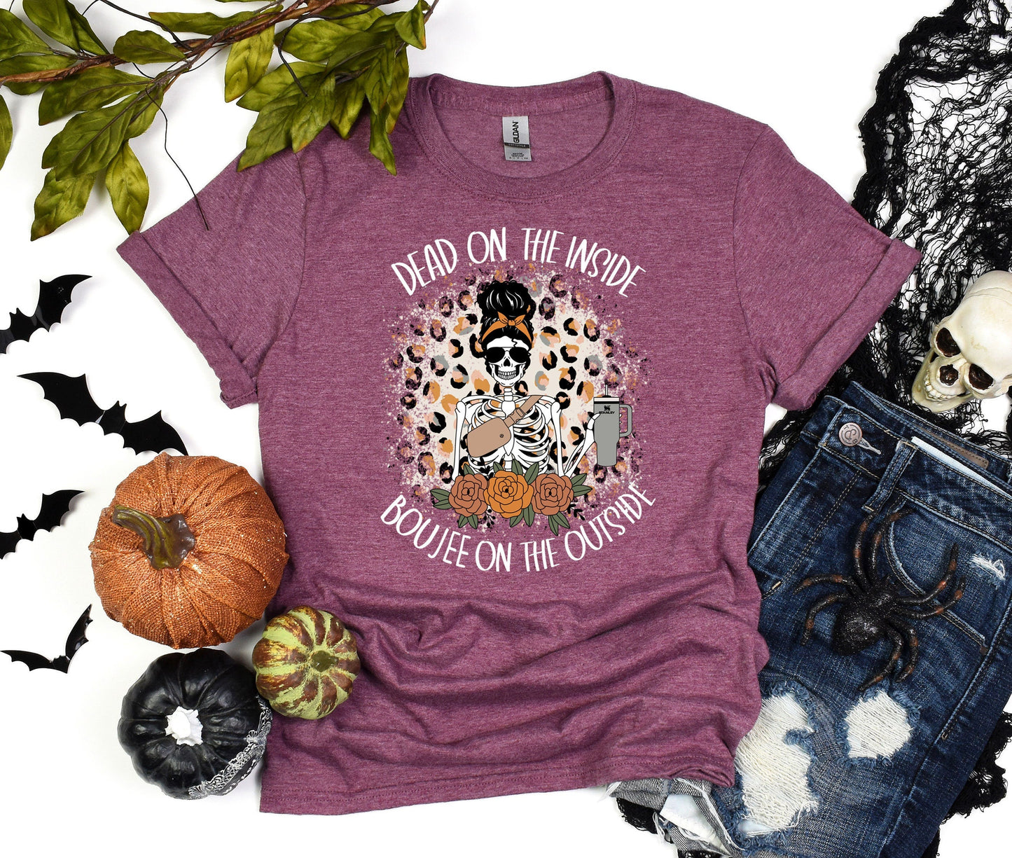 Women skeleton Halloween Tee, Dead Inside But Boojee Outside Shirt, Fall Bou jee Tumbler Skull shirt, Funny Halloween T-shirt, Custom Gift
