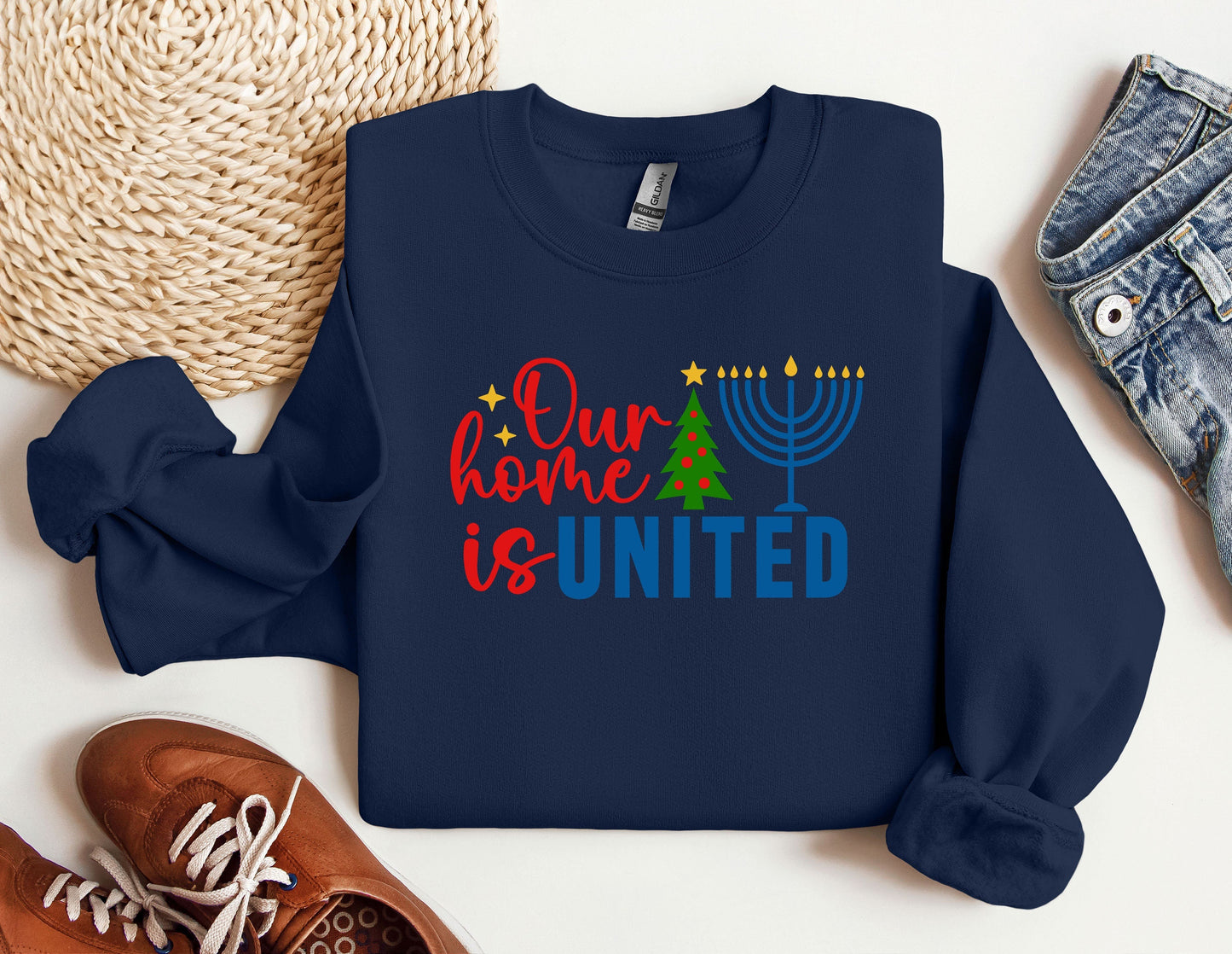 Our Home Is United Sweatshirt, Happy Hanukkah Sweatshirt, Jewish Sweatshirt, Holiday Hanukkah Hoodie, Hanukkah Hoodie, Jewish Saying Hoodies