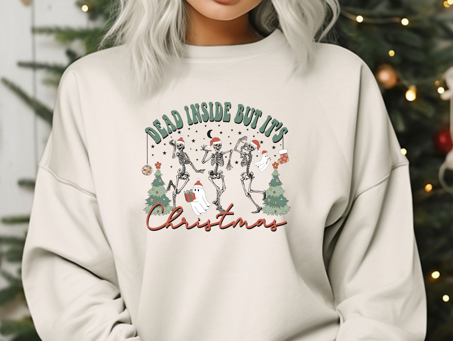 Dead Inside But It's Christmas Sweatshirt, Funny Skeleton Hoodie, Skeleton Christmas Hoodie, Oversized Christmas crewneck unique gift her