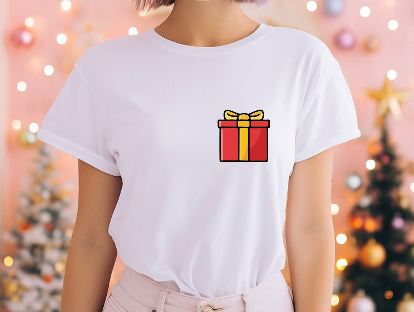 a woman wearing a t - shirt with a gift box on it
