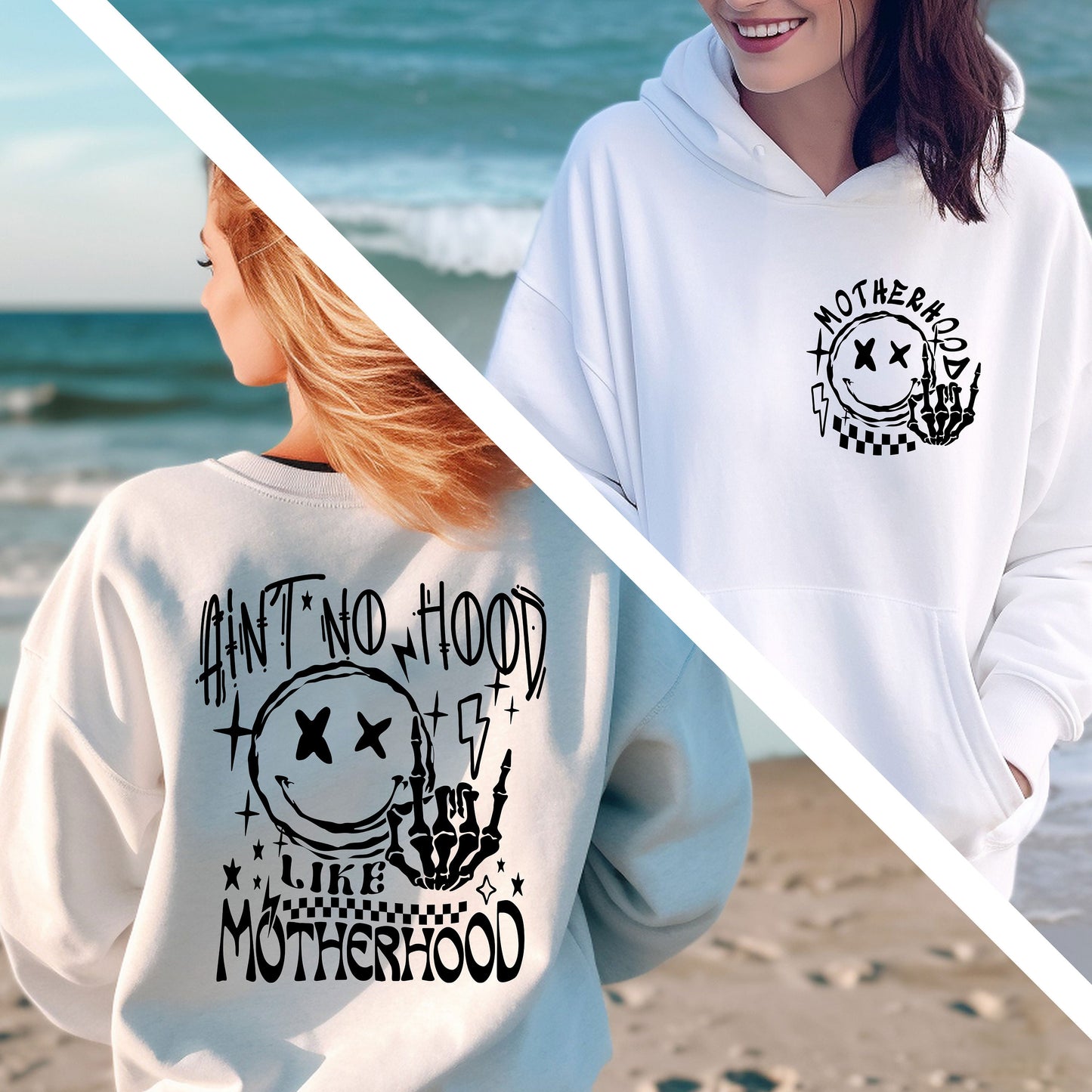 two women standing on a beach wearing hoodies